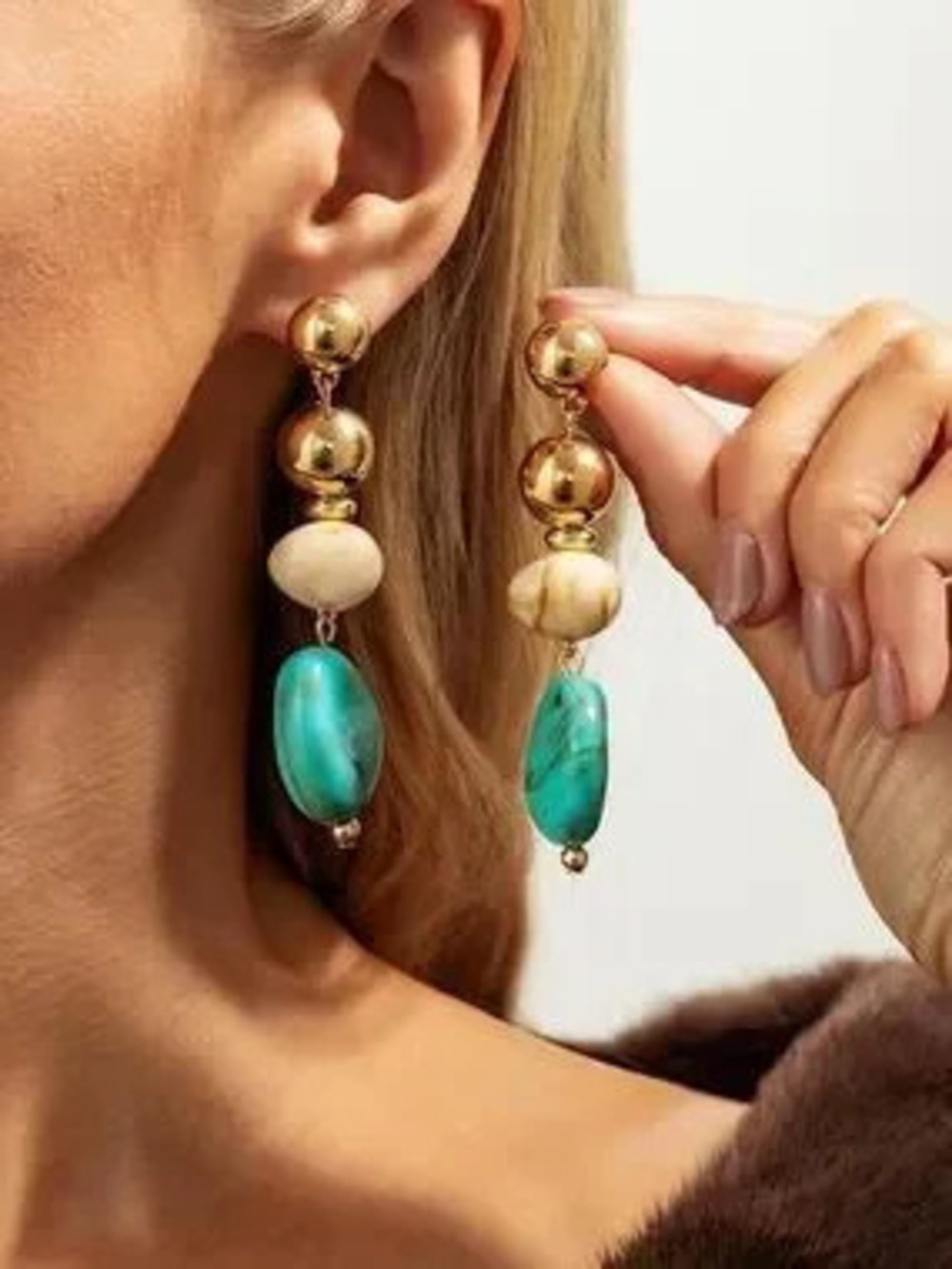 Anthropologie Gold Tone Drop Earrings with Turquoise and Cream Beads